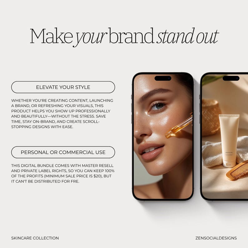 May include: A promotional image with the text "Make your brand stand out." It features a woman's face with skincare products on a smartphone screen. The image also includes a tube of cream, a comb, and a woven basket.