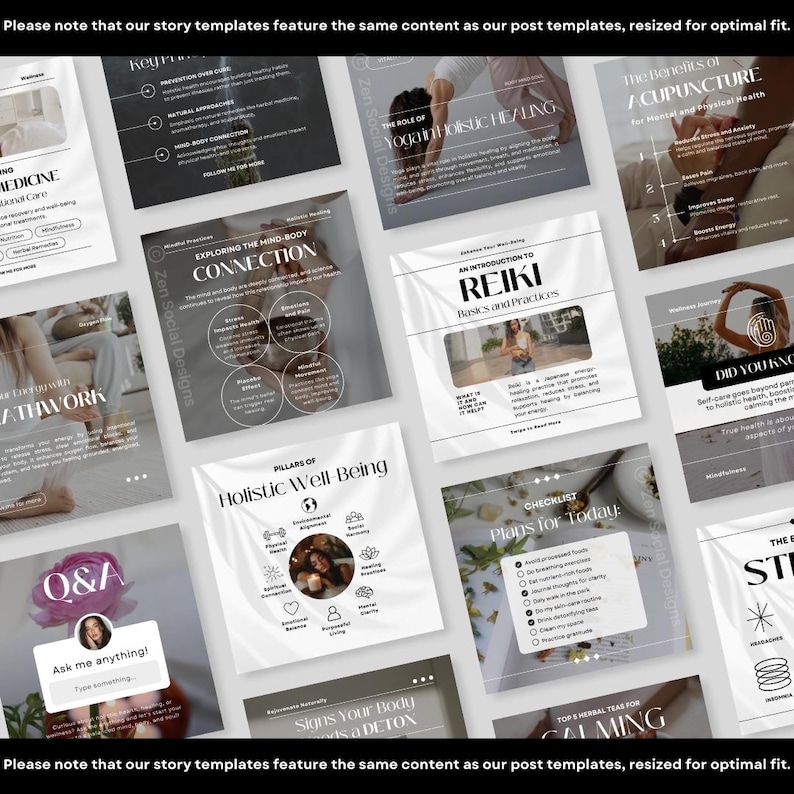 May include: A collage of 12 Instagram story templates for a wellness brand. The templates feature a white background with black text and graphics. The topics include holistic well-being, yoga, acupuncture, reiki, and more.