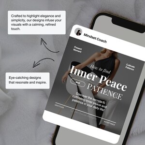 May include: A phone screen displaying a graphic with the text "How to find Inner Peace and PATIENCE". The graphic features a woman sitting in a chair, and the text "Discover the secrets to cultivating inner peace and patience in your daily life!" is below the main text. The graphic also includes the words "Present Moment", "Cultivate Patience", "Gratitude", and "Acceptance".