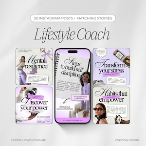 Può includere: Un modello digitale per un life coach, con sei design di post di Instagram con storie abbinate. I design includono temi di resilienza mentale, autodisciplina, trasformazione dello stress e abitudini potenzianti. Il modello è nei toni del viola e del bianco.