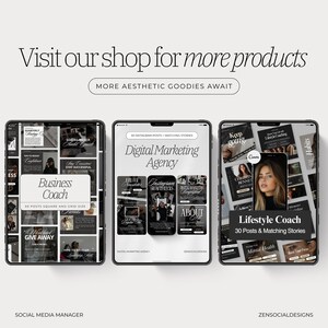 Może przedstawiać: Trzy cyfrowe makiety post&oacute;w w mediach społecznościowych dla trenera biznesowego, agencji marketingu cyfrowego i trenera stylu życia. Każda makieta zawiera czarno-białą kolorystykę z białym tekstem i grafiką. Post trenera biznesowego zawiera 50 post&oacute;w i rozmiary siatki. Post agencji marketingu cyfrowego zawiera 30 post&oacute;w na Instagramie i pasujące historie. Post trenera stylu życia zawiera 30 post&oacute;w i pasujące historie.