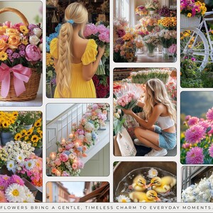 May include: A collage of images featuring various floral arrangements, including bouquets, wreaths, and flower arrangements on a staircase. The images showcase the beauty and diversity of flowers, with vibrant colors and textures.