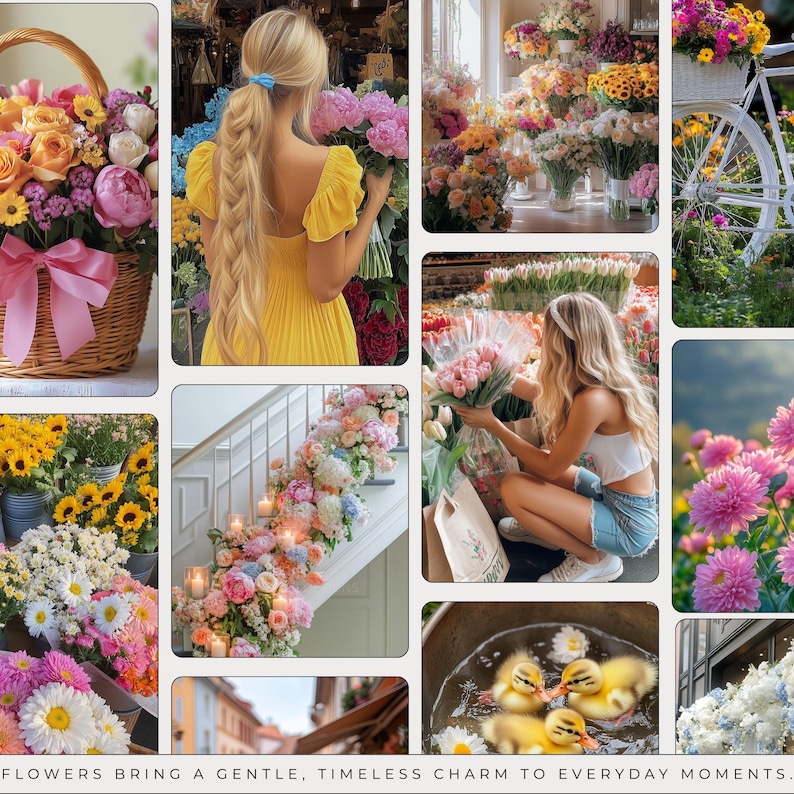 May include: A collage of images featuring various floral arrangements, including bouquets, wreaths, and flower arrangements on a staircase. The images showcase the beauty and diversity of flowers, with vibrant colors and textures.