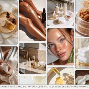 May include: A collage of skincare products and elements. Includes bottles, jars, a face, legs, and a scrub. The text at the bottom reads: "EARTHY TONES AND BOTANICAL ELEMENTS MEET HIGH-END SKINCARE RITUALS."