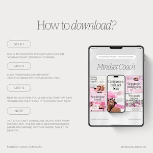 May include: A digital product download guide with instructions and a tablet displaying a "Mindset Coach" template for Instagram. The guide includes steps to download files from Etsy, with a pink and white color scheme.