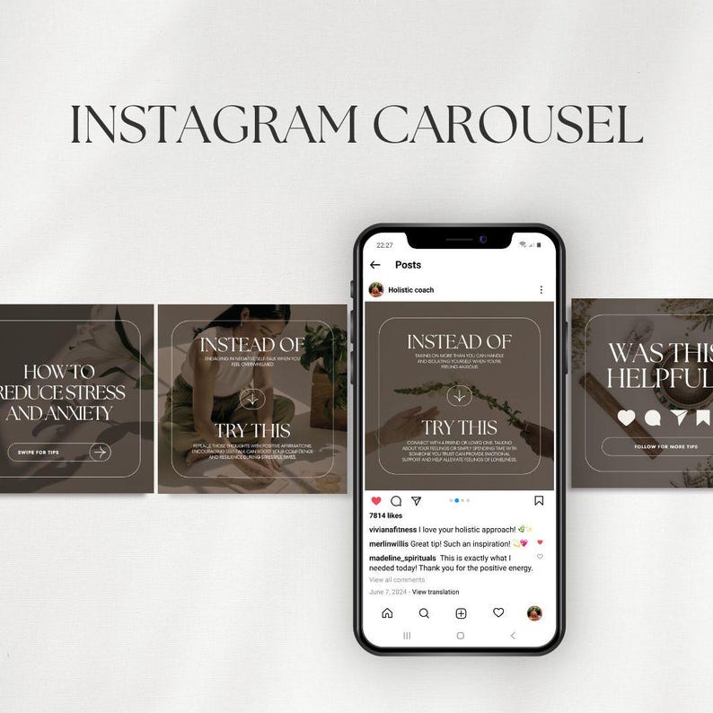 May include: Instagram carousel post with a brown background. The text on the first slide reads "How to Reduce Stress and Anxiety". The second slide reads "Instead of... Try this". The third slide reads "Instead of... Try this". The fourth slide reads "Was this helpful?" with a heart, comment, and share icon. The caption reads "7814 likes. vivianafitness I love your holistic approach. merlinwillis Great tip! Such an inspiration! madeline_spirituals This is exactly what I needed today! Thank you for the positive energy. June 2, 2021. View translation."