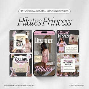 Op de afbeelding: Een digitale collectie van 30 Instagram-posts en bijpassende stories genaamd Pilates Princess. De sjablonen bevatten roze en zwarte kleurenschema's, typografie en afbeeldingen van mensen in sportkleding en pilates-apparatuur.