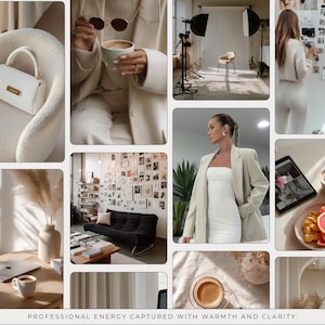 May include: A collage of images featuring a white handbag, a woman holding coffee, a studio setup, and a woman in a white dress and blazer. The images have a neutral color palette and a professional aesthetic. Text at the bottom reads: PROFESSIONAL ENERGY CAPTURED WITH WARMTH AND CLARITY.