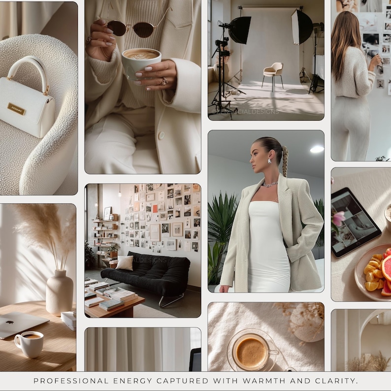 May include: A collage of images featuring a white handbag, a woman holding coffee, a studio setup, and a woman in a white dress and blazer. The images have a neutral color palette and a professional aesthetic. Text at the bottom reads: PROFESSIONAL ENERGY CAPTURED WITH WARMTH AND CLARITY.