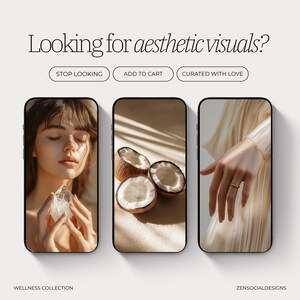 May include: Three phone screens showcasing aesthetic visuals. The first screen shows a woman with her eyes closed holding a clear crystal. The second screen shows three halved coconuts on a beige surface. The third screen shows a hand wearing a gold ring and a beige fabric.