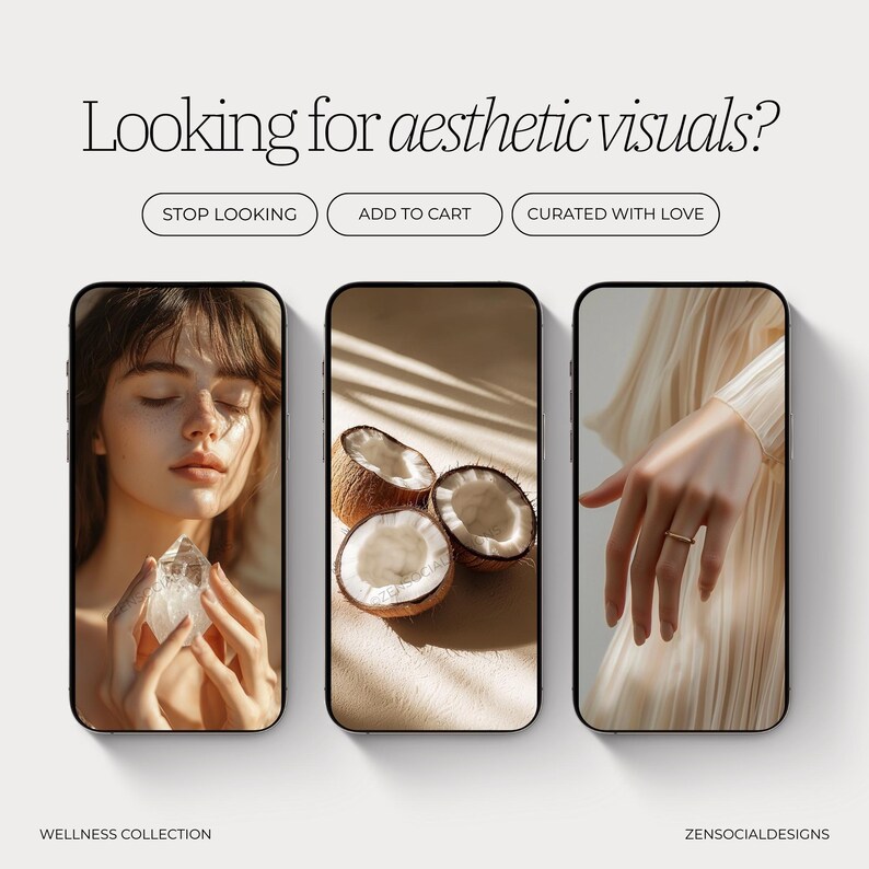 May include: Three phone screens showcasing aesthetic visuals. The first screen shows a woman with her eyes closed holding a clear crystal. The second screen shows three halved coconuts on a beige surface. The third screen shows a hand wearing a gold ring and a beige fabric.