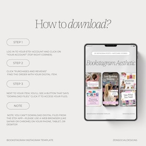 May include: A digital product download guide with the title "How to download?" and instructions. A tablet displays a "Bookstagram Aesthetic" template with Instagram post examples. The template includes the text "30 Instagram posts + matching stories."