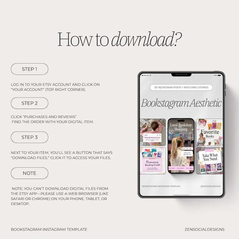 May include: A digital product download guide with the title "How to download?" and instructions. A tablet displays a "Bookstagram Aesthetic" template with Instagram post examples. The template includes the text "30 Instagram posts + matching stories."