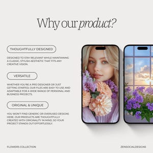 May include: A digital illustration of a woman holding a bouquet of purple and pink flowers. The image is set against a white background with the text "Why our product?" at the top. The text "Thoughtfully Designed", "Versatile", and "Original & Unique" are also included in the image.