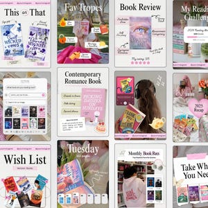 May include: A collage of images related to books and reading. Featured are book covers, reviews, and reading challenges. The images include text such as "Fav Tropes", "Book Review", "Wish List", and "Contemporary Romance Book".