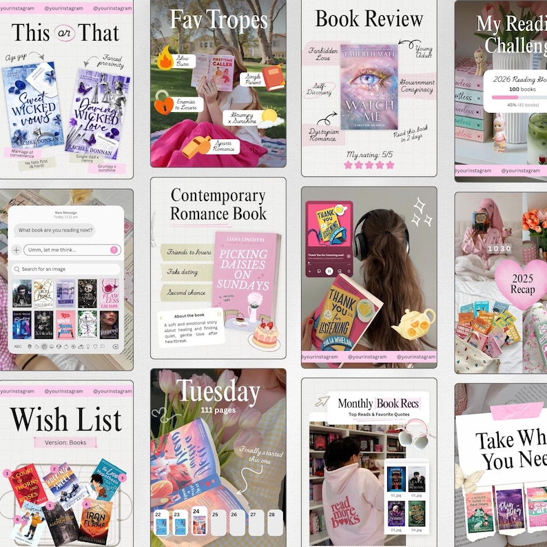 May include: A collage of images related to books and reading. Featured are book covers, reviews, and reading challenges. The images include text such as "Fav Tropes", "Book Review", "Wish List", and "Contemporary Romance Book".