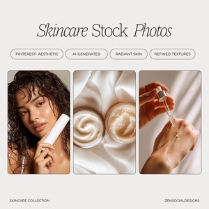 May include: A skincare stock photo featuring three panels. The first shows a person holding a white tube. The second shows two jars of cream. The third shows a hand dispensing serum. Text includes "Skincare Stock Photos", "Pinterest-Aesthetic", and "Skincare Collection".