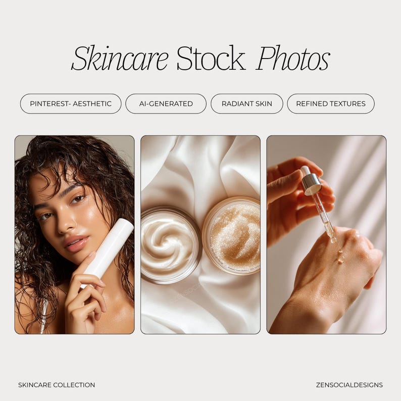 May include: A skincare stock photo featuring three panels. The first shows a person holding a white tube. The second shows two jars of cream. The third shows a hand dispensing serum. Text includes "Skincare Stock Photos", "Pinterest-Aesthetic", and "Skincare Collection".