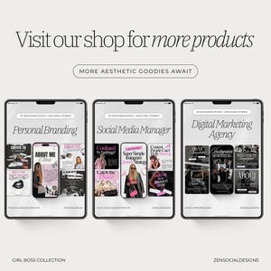 May include: Three digital tablet mockups showcasing social media templates. The tablets display templates for personal branding, social media management, and digital marketing agency services. Text includes "Visit our shop for more products" and "Girl Boss Collection."
