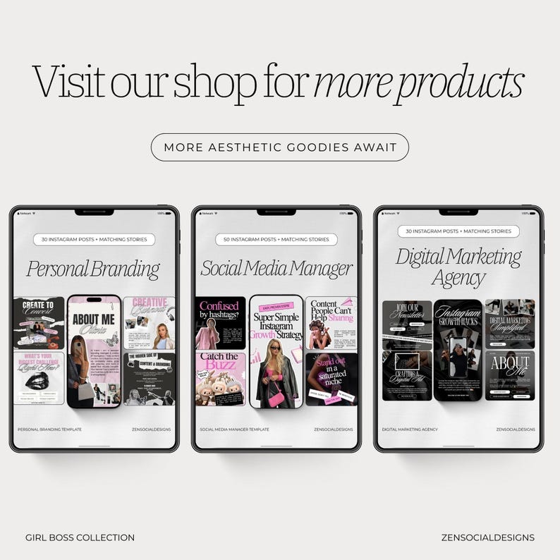 May include: Three digital tablet mockups showcasing social media templates. The tablets display templates for personal branding, social media management, and digital marketing agency services. Text includes "Visit our shop for more products" and "Girl Boss Collection."