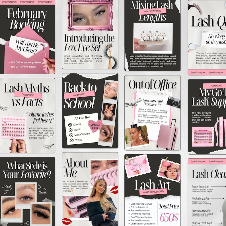 May include: A collage of promotional materials for eyelash extension services. The images include text such as "February Booking," "Fox Eye Set," "Lash Myths vs Facts," and "Lash Art." The color scheme is primarily pink, black, and white.