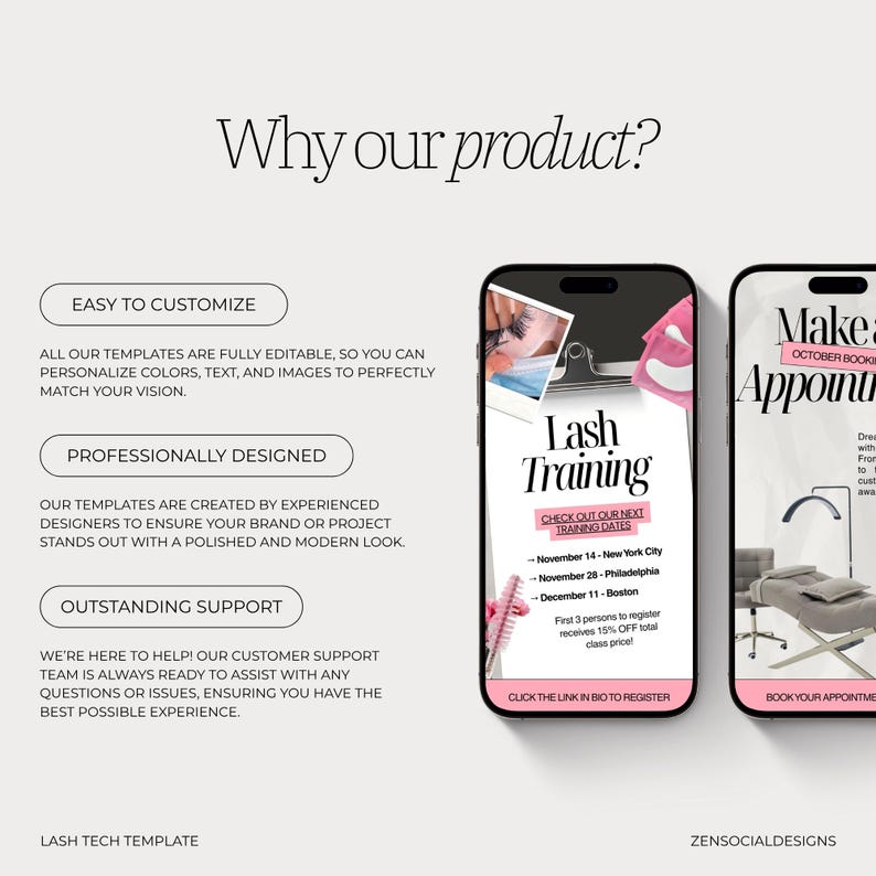 May include: A promotional image for a lash tech template. The image features a phone displaying "Lash Training" information, including training dates in New York City, Philadelphia, and Boston. The text also highlights customization, professional design, and outstanding support.