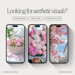 May include: Three phone screens showcasing aesthetic visuals with pink flowers. The first image shows a white wicker basket filled with pink flowers. The second image shows a bouquet of pink flowers. The third image shows a pink cherry blossom tree in front of a white building.