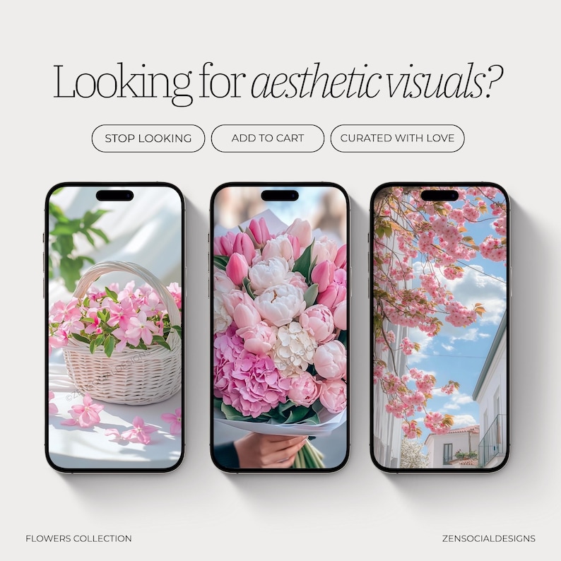 May include: Three phone screens showcasing aesthetic visuals with pink flowers. The first image shows a white wicker basket filled with pink flowers. The second image shows a bouquet of pink flowers. The third image shows a pink cherry blossom tree in front of a white building.