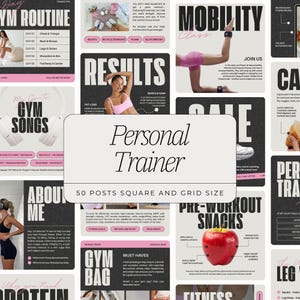 Könnte beinhalten: Eine Collage von Bildern, die sich mit Fitness und Personal Training befassen. Die Bilder zeigen eine Trainingsroutine, Workout-Musik, Snacks vor dem Training, Fitnessziele und eine Sporttasche. Der Text "Personal Trainer" ist in der Mitte der Collage zu sehen.
