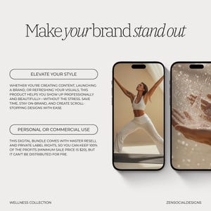 May include: Two phone mockups showcasing a wellness collection of digital graphics. The left mockup shows a woman in a white yoga outfit practicing yoga. The right mockup shows a hand with water droplets falling on it. The text "Make your brand stand out" is at the top of the image.
