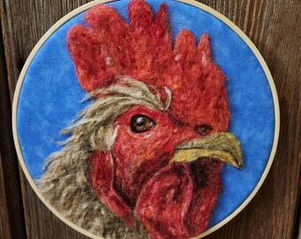 Needle Felted Rooster/blue Wall art