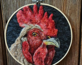 Needle Felted Rooster/black Wall art