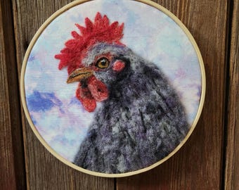 Needle Felted Rooster/purples Wall art
