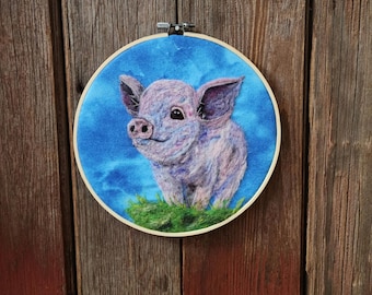 Needle felted Pig/Blue Wall Art
