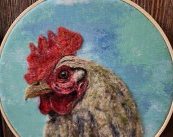 Needle Felted Rooster/blues Wall art