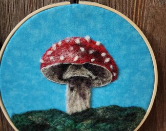 Needle Felted Mushroom/blue Wall art
