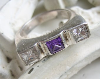 Vintage Art Deco style sterling silver ring, Mid century modern 925 sterling ring, Faceted Amethyst  Rhinestone silver ring with hallmarks