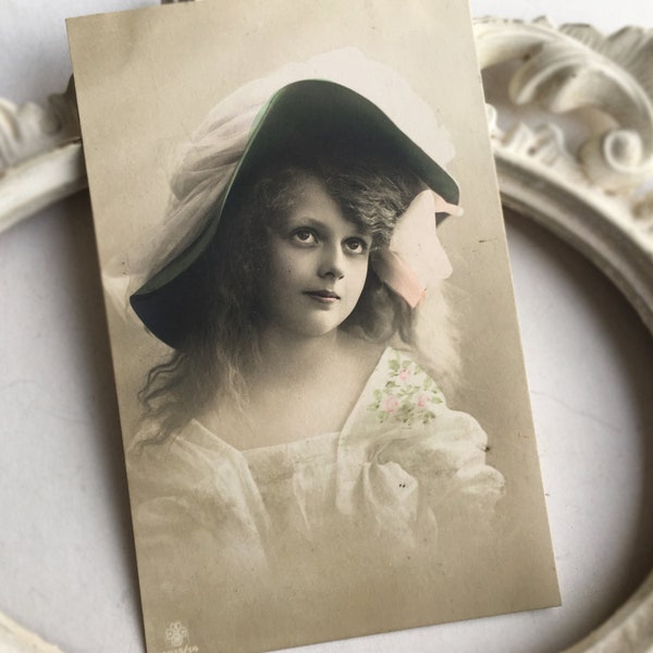 Antique 1910s pretty girl photo postcard, Antique Edwardian girl with hat RPPC, Antique French longhaired little girl photo postcard