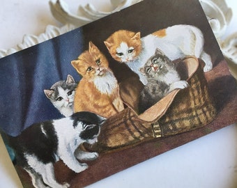 Antique Edwardian cat postcard, Antique cat family illustrated postcard, Antique cat art postcard, Vintage 1920s cat and kittens postcard