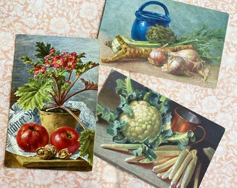 Antique still life postcards, Antique painted fruit, vegetables and cooking postcard lot, Original signed vintage still life postcard lot
