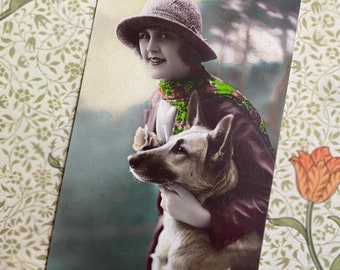 Antique flapper girl with dog real photo postcard, Vintage pretty girl with German shepherd dog real photo postcard, Antique alsatian dog