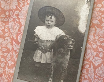 Antique dog with toddler carte de visite, Antique child with dog CDV, Antique gun dog photo, Victorian child with dog carte de visite