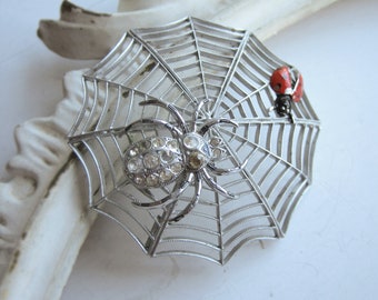 Vintage spider brooch, 1950s spider in web brooch, Vintage spider and lady bug brooch, French silver spider and lady bug brooch