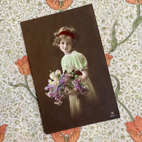 Antique pretty flower girl photo postcard, Antique French hand tinted photo postcard, Pretty girl photo postcard, Vintage flower girl RPPC