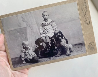 Antique Cabinet photo card, Vintage cabinet card with children and dogs, Edwardian dog photo, 1900s dog with little Dutch boys photo