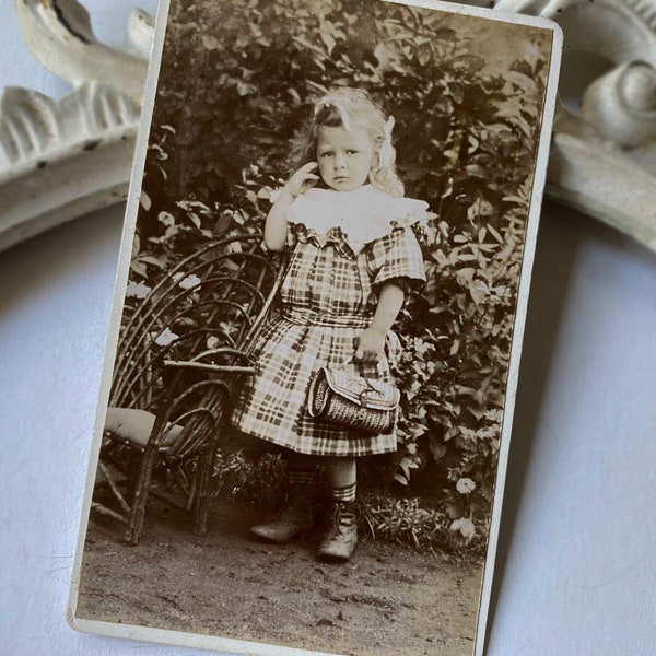 Antique pretty girl CDV, Antique French toddler Carte de Visite, 1900s pretty girl photo, Vintage Edwardian dressed up girl photo,