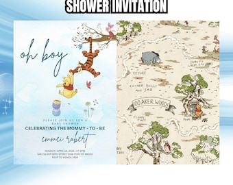 Invitación digital Oh Boy para baby shower de Winnie the Pooh. Plantilla imprimible en Canva de Winnie the Pooh azul para adorables temas de baby shower.