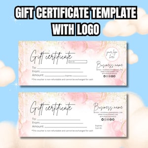 Plantilla de certificado de regalo editable con logotipo / Plantilla de tarjeta de regalo rosa imprimible / Plantilla de vale de regalo editable / Descarga instantánea de Canva