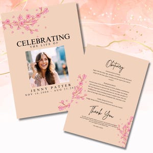May include: A pink and white memorial service program with a photo of a woman and the text "Celebrating the Life of Jenny Patter Nov 16, 2000 - Aug 23, 2023" and "Obituary" and "Thank You".