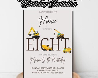 Editable Construction 8th Birthday Invitation Minimalist Can You Dig It Party Digger Theme Dump Truck Excavator Template Instant Download